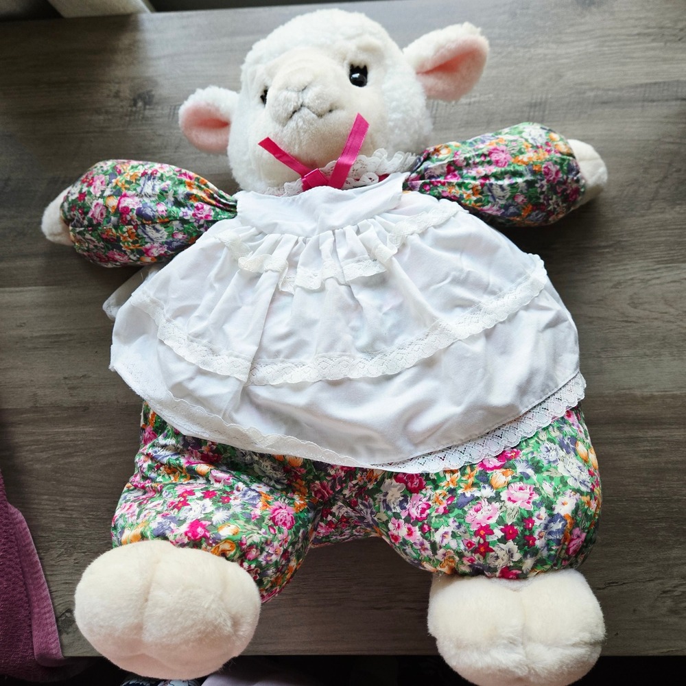 Vintage 1991 Plush Creations Inc Lamb Sheep Floral Dress Lace Apron Stuffed Toy - Picture 4 of 5